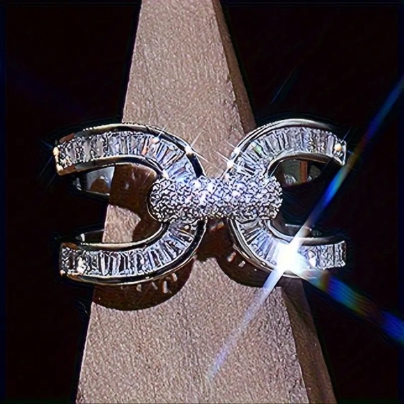 Silver and Diamond Baguette Geometric Statement Ring Adjustable New - Picture 1 of 9